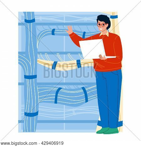 Server Administrator Testing Equipment Vector. Young Man Server Administrator Technician Examining S