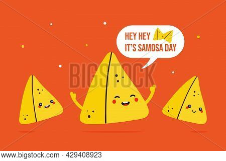 World Samosa Day Vector Cartoon Style Greeting Card, Illustration With Three Cute, Funny Samosa Past