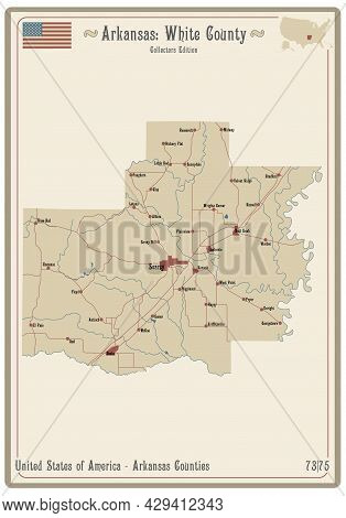 Map On An Old Playing Card Of White County In Arkansas, Usa.