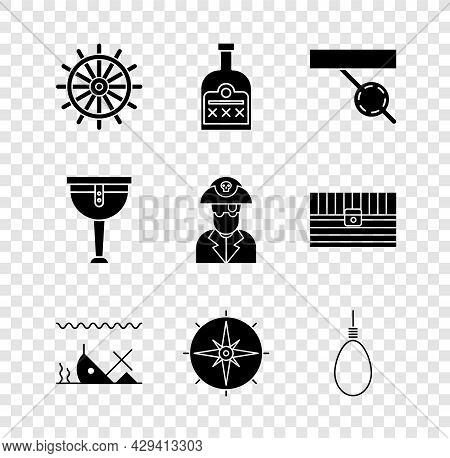 Set Ship Steering Wheel, Alcohol Drink Rum Bottle, Pirate Eye Patch, Sunken Ship, Wind Rose, Gallows