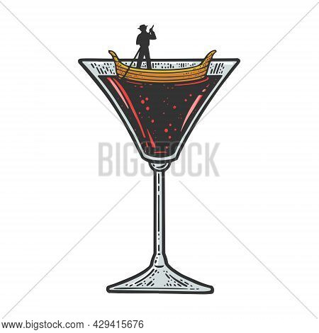 Gondola Boat In Martini Cocktail Glass Color Sketch Engraving Vector Illustration. T-shirt Apparel P