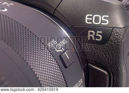 Kuala Lumpur, October 03, 2020: The Eos R5, Mirrorless Digital Photo Camera. Close-up On The Eos R5 