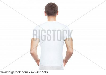 White T Shirt Mock Up. People Concept Close Up Of Young Man In Blank White T-shirt Back View, Isolat