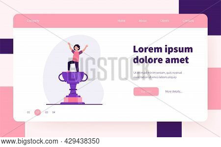 Kid Celebrating Triumph. Child Winning Competition, Getting Golden Cup. Flat Vector Illustration. Aw