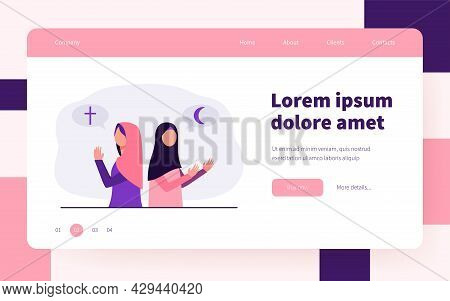 Believing Christian And Islam Women Praying To God. Belief, Worship, Church Flat Vector Illustration