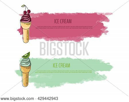 Summer Flyer With Lettering And Watercolor Background. Vector Illustration With Cherry And Kiwi Ice