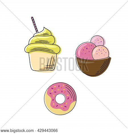 Complete Collection Of Cartoon Summer Delicious Ice Cream In Flat Style. Vector Illustration. Bright