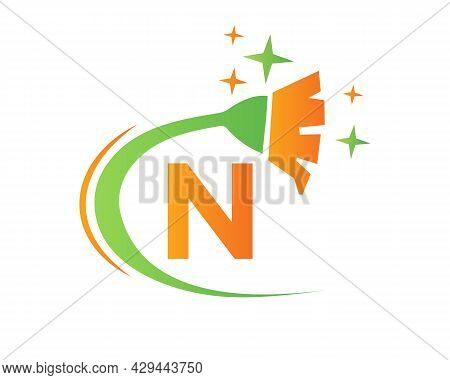Cleaning Logo With N Letter Concept. House Clean And Broom Logo. N Letter Maid Logo Design