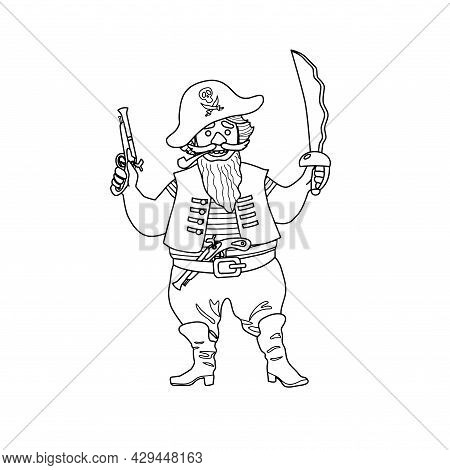 Cartoon Outline Drawing Of A Pirate. Vector Illustration For Coloring Book.