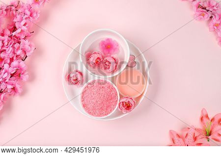 Spa Ingredients With Fragrant Rose Water, Sea Salt, Rose And Sakura Flowers, Skin And Body Care, Aro