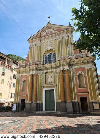 Dolceacqua, Italy - August 8, 2021: Beautiful Colourful Front Facade Of The Sant Antonio Abate Churc