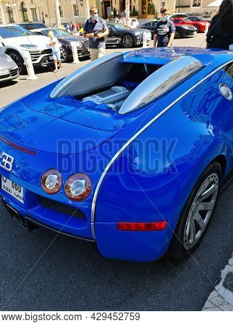 Monte-carlo, Monaco - August 1, 2021: Blue Bugatti Veyron 16.4 Luxury Supercar Parked In Front Of Th