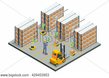 Isometric Automated Warehouse Robots. Modern Logistics Center. Automated Warehouse. Autonomous Robot