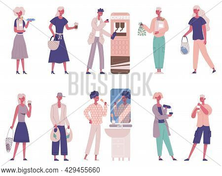 People Zero Waste, Less Garbage, Protecting Environment. Zero Waste Characters Use Eco Bag, Reusable