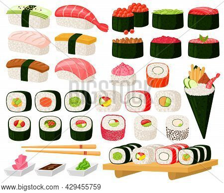 Cartoon Asian Cuisine Rolls, Sushi, Sashimi Dishes. Japanese Oriental Cuisine, Seaweed, Rice, Fish A