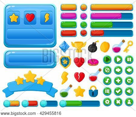 Cartoon User Interface Casual Video Games Ui Kit Elements. Game Interface Buttons, Menu Elements And