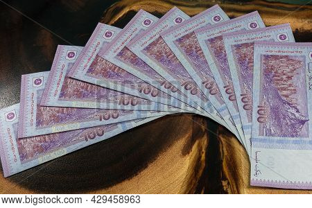Panorama  Close Up Of One Hundred Ringgit Malaysia. Detailed Macro Capture Of Brand New Rm 100 With 