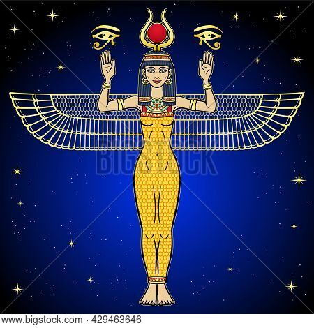 Animation Color Portrait: Egyptian Goddess Isis With Horns And Sun Disk On Her Head Holds Sacred Sym