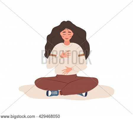 Abdominal Breathing. Woman Practicing Belly Breathing For Good Relaxation. Breath Awareness Yoga Exe