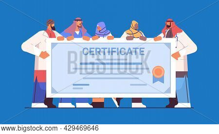 Arab Graduated Doctors Holding Certificate Arabic Graduates Celebrating Academic Diploma Degree Univ
