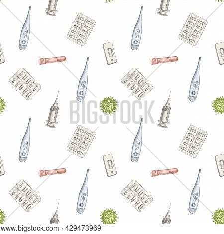 Seamless Pattern With Hand Drawn Pastel Vial Of Blood, Pills And Medicines, Medical Thermometer, Cor