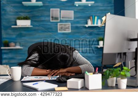 Disappointed Exhausted Black Student Sleeping On Desk Table In Living Room Overworking Remote From H