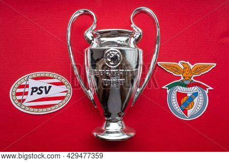 8 August 2021 Eindhoven, Netherlands. The Emblems Of The Psv Eindhoven And S.l. Benfica Lisbon And T