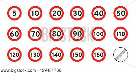 Speed Limit 5-160 Round Road Traffic Icon Sign Flat Style Design Vector Illustration Set Isolated On