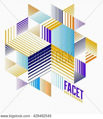 Abstract Polygonal Background With Stripy Triangles And 3D Cubes Vector Design. Template For Differe
