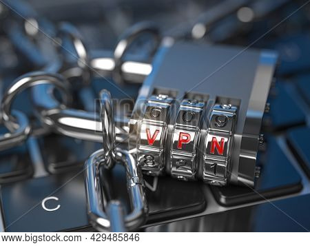 VPN network security internet privacy encryption concept. Lock with VPN code on laptop keyboard. 3d illustration