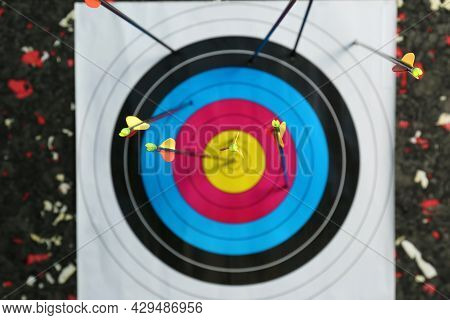Many Arrows In Archery Target, Closeup View