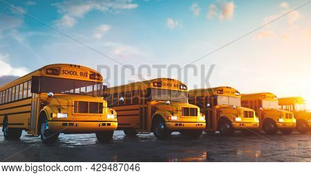 Yellow school bus fleet on parking. Back to school 3D illustration