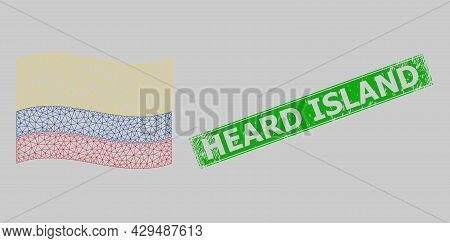 Mesh Polygonal Waving Colombia Flag And Grunge Heard Island Rectangle Watermark. Abstraction Is Desi