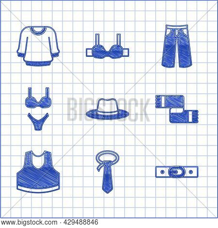 Set Man Hat, Tie, Belt, Winter Scarf, Undershirt, Swimsuit, Pants And Sweater Icon. Vector