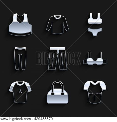 Set Pants, Handbag, T-shirt, Bra, Leggings, Swimsuit And Undershirt Icon. Vector