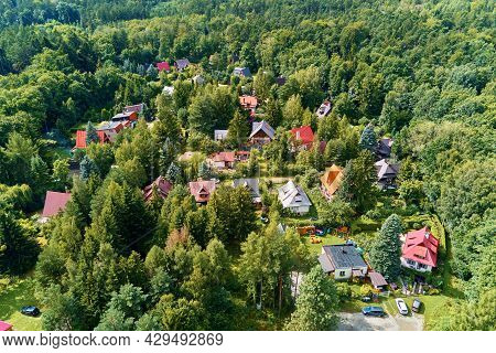 Mountain Village With Forests, Bird Eye View. Sleza Mountain Landscape Near Wroclaw In Poland. Natur