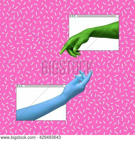 Contemporary Art Collage, Modern Design. Authentic Hands Touching Each Othe Through , Screeen Or Tv 