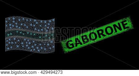 Shiny Mesh Polygonal Waving Botswana Flag With Glowing Spots, And Grunge Gaborone Rectangle Stamp. G