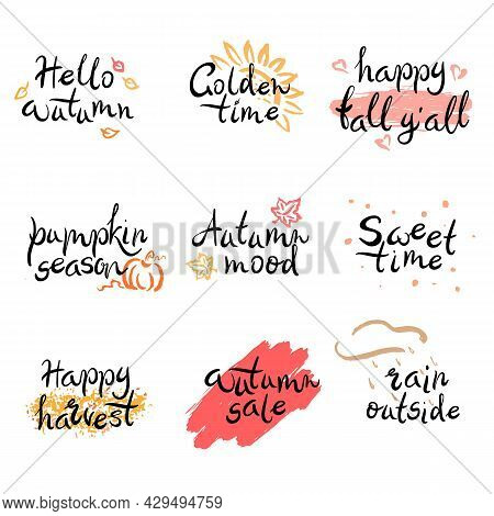 Big Lettering Set Of Autumn Quotes With Decorative Elements Isolated On White Background. Hello Autu