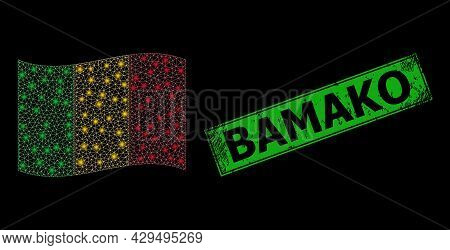 Shiny Mesh Network Waving Mali Flag With Lightspots, And Distress Bamako Rectangle Seal. Green Recta