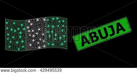 Glowing Mesh Net Waving Nigeria Flag With Light Spots, And Grunge Abuja Rectangle Seal. Green Rectan