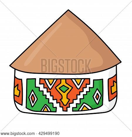 Hand Drawn Doodle African National Hut. Ndebele Tribal Dwelling. Simple Thatched Roof And Walls With