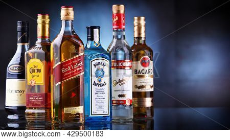 Poznan, Pol - May 12, 2021: Bottles Of Assorted Global Hard  Liquor Brands Including Whiskey, Vodka,