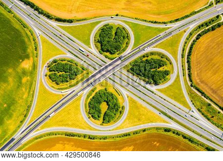 Highway D5 crossroad with traffic near Pilsen, Czech republic, Central Europe. Transportation and sustainable development concept. 