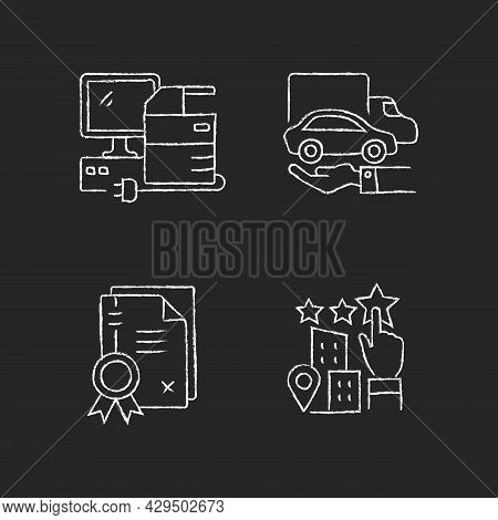 Company Image Chalk White Icons Set On Dark Background. Property Right Granting. Patents And Goodwil