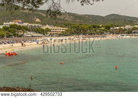 Palmanova, Spain; July 10 2021: Aerial And General View Of The Beach Of The Tourist Resort Of Palman