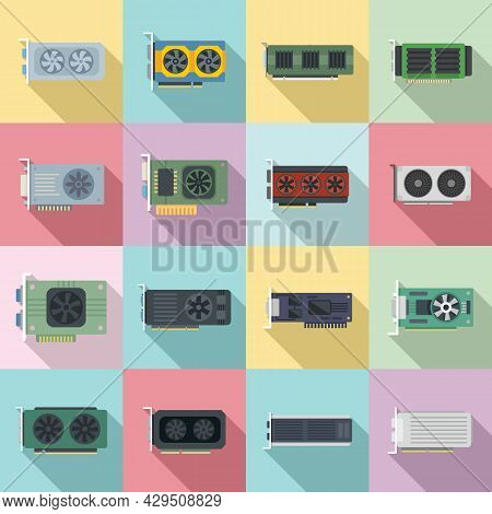 Graphics Card Icons Set Flat Vector. Video Board. Chip Game