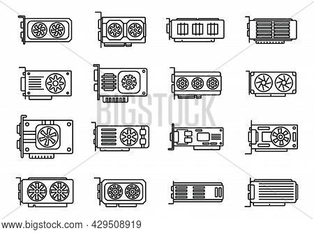 Graphics Card Icons Set Outline Vector. Video Board. Chip Game