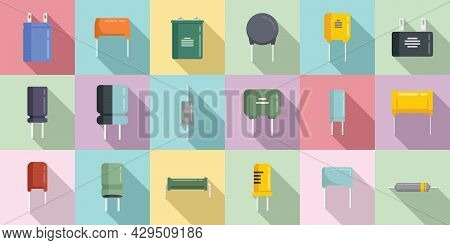 Capacitor Icons Set Flat Vector. Polyester Ceramic Capacitor. Bipolar Condeser