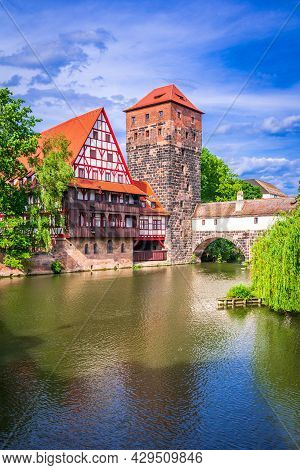 Nuremberg, Germany. Colourful And Picturesque View Of The Half-timbered Old Houses On The Banks Of T